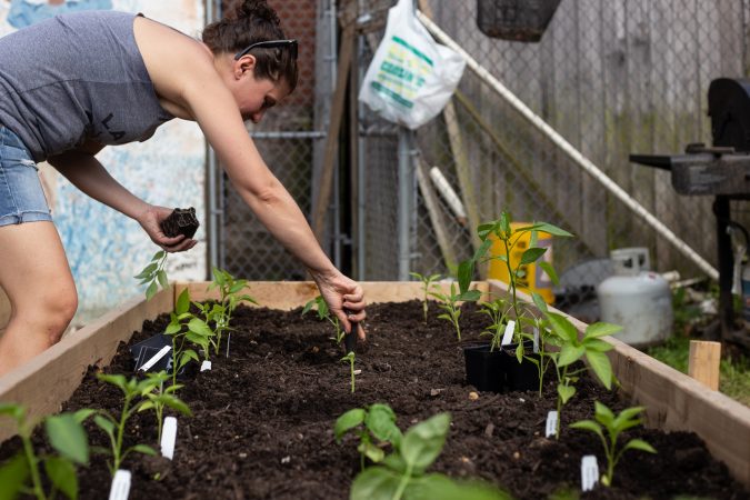 After months of organizing, volunteer Jessica Noon plants at Garden Esquina. (Angela Gervasi for WHYY)