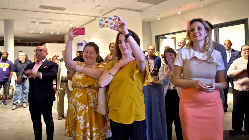 Supporters of Mayor Jim Kenney celebrate his primary victory Tuesday night. (Kimberly Paynter/WHYY)