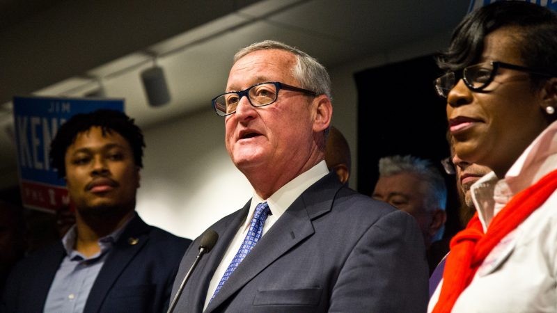 Philadelphia Mayor Jim Kenney gives his acceptance speech at his primary victory party Tuesday night at the Jewish History Museum Tuesday night. (Kimberly Paynter/WHYY)