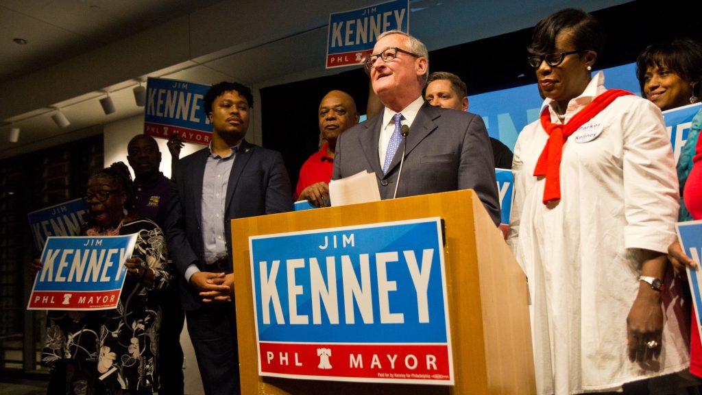 2019 05 21 kenney wins-4 Philadelphia Mayor Jim Kenney thanks his supporters on stage Tuesday evening after winning the 2019 Democratic primary. (Kimberly Paynter/WHYY)