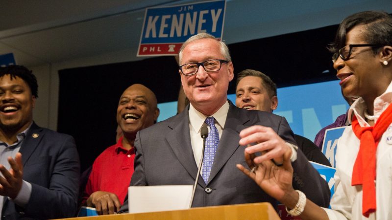 Philadelphia Mayor Jim Kenney joyfully thanks supporters at his primary victory party. (Kimberly Paynter/WHYY)