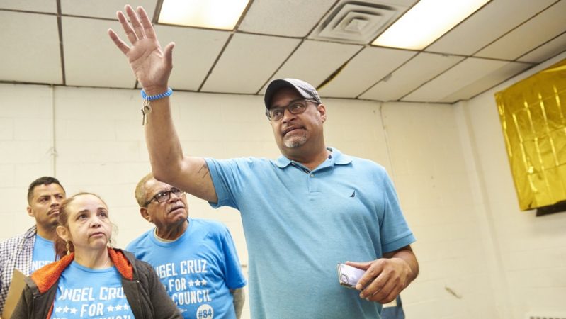 Pennsylvania state Rep Angel Cruz speaks at the Juniata Park Boys and Girls Club after the 2019 Philadelphia Primary election results come in. (Natalie Piserchio for WHYY)