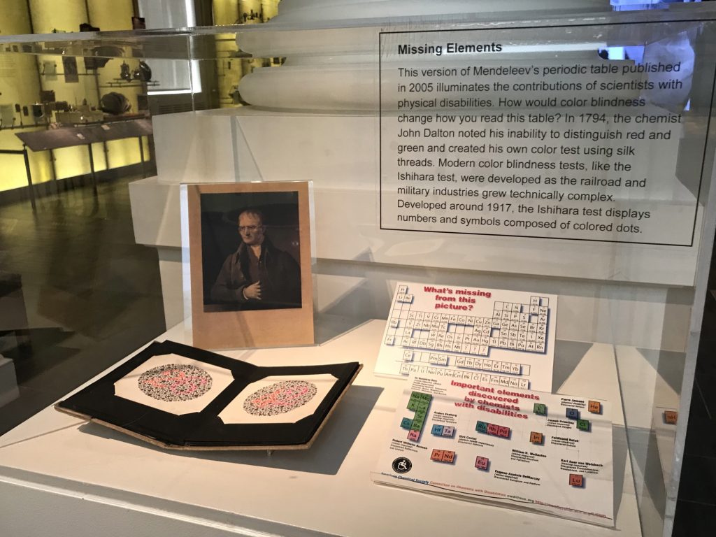 2019 05 23-s yin-philadelphia science history institute-scientists and disabilities An exhibit at the Science History Institute highlights the accomplishments of scientists with disabilities. The chemist John Dalton, pictured below, noticed his inability to distinguish between red and green and created a color blindness test. (Steph Yin/WHYY)