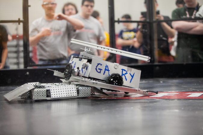 Gary, a robot fielded by students from Trenton High School and Mcnasty, a robot made by MaST Community Charter School competed in the Liberty Bots competition Saturday. (Brad Larrison for WHYY)