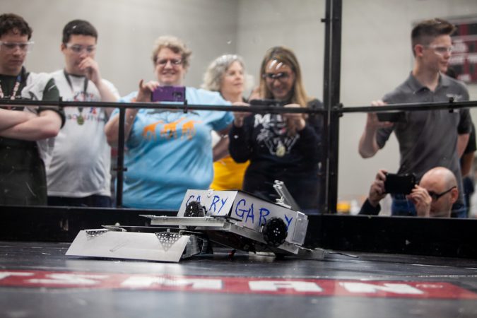 Gary, a robot fielded by students from Trenton High School and Mcnasty, a robot made by MaST Community Charter School competed in the Liberty Bots competition Saturday. (Brad Larrison for WHYY)