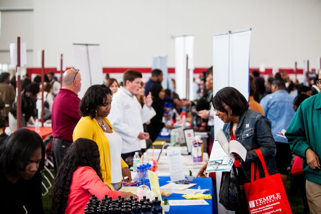2019 5 16- b larrison- philadelphia- jim kenney sharif street richard englert- philadelphians speak with employers at neighborhood job fair at temple university -9 Job seeking Philadelphians spoke with employers from around the region Thursday morning at the 13th annual Neighborhood Job Fair at Temple University. (Brad Larrison for WHYY)