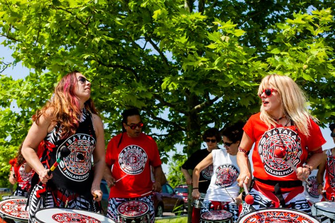 Members of the Afro-Brazilian band Batalá perform at the Navy Yard during the Anti-Defamation League's Walk Against Hate (Brad Larrison for WHYY)