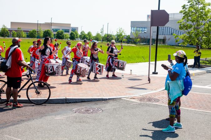 Members of the Afro-Brazilian band Batalá perform at the Navy Yard during the Anti-Defamation League's Walk Against Hate (Brad Larrison for WHYY)