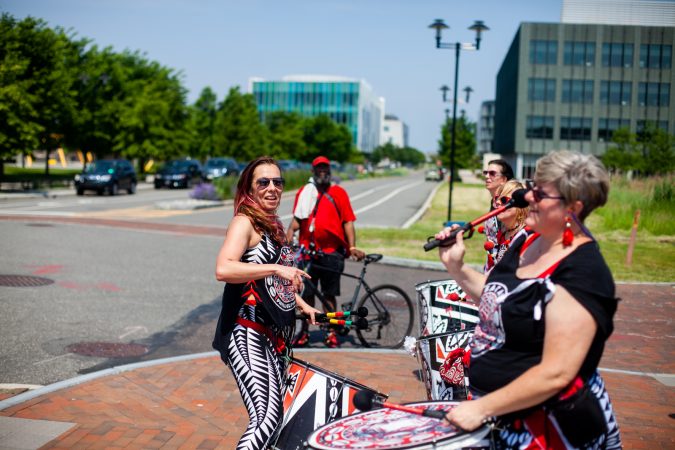 Members of the Afro-Brazilian band Batalá perform at the Navy Yard during the Anti-Defamation League's Walk Against Hate (Brad Larrison for WHYY)