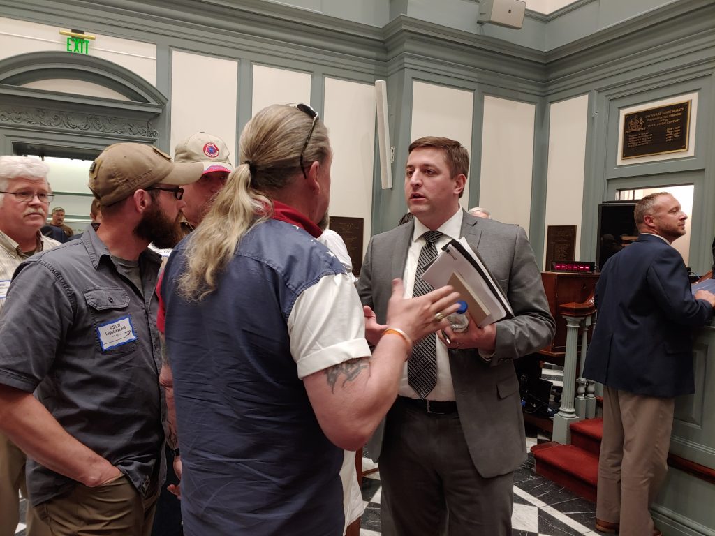 20190508_165025 A hearing at the Delaware State Capitol over three gun-control bills attracted a large turnout on Wednesday. (Zoë Read/WHYY)