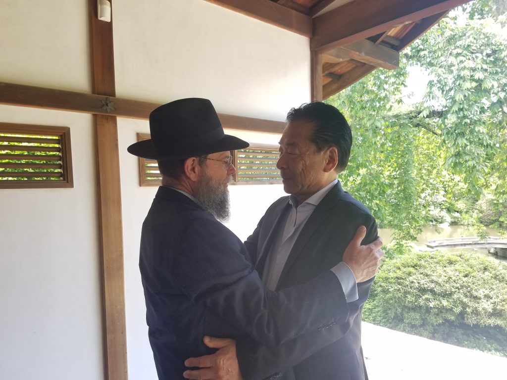 20190517_113553 Rabbi Yossey Goldman and Nobuki Sugihara at Shofuso at the Japanese House in Philadelphia’s Fairmount Park (Peter Crimmins/WHYY)