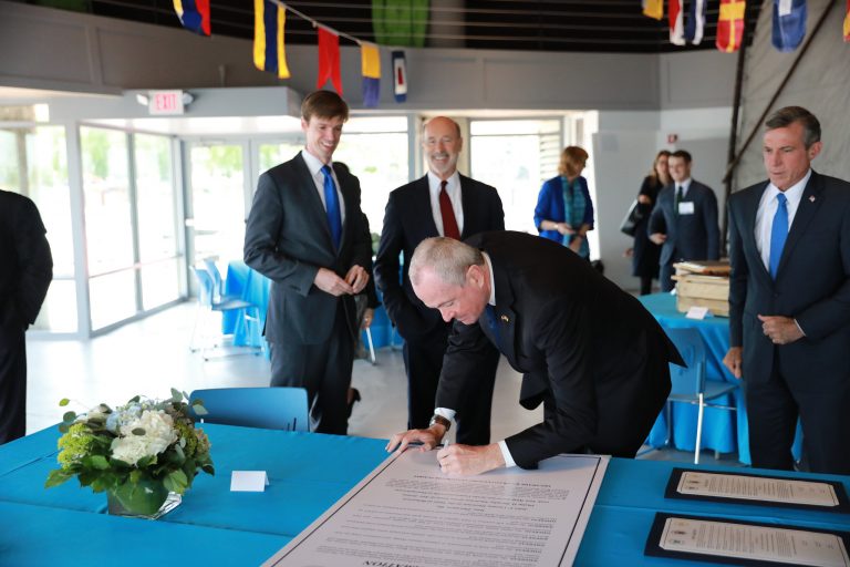 Governor Murphy participates in the Delaware River Governors Leadership Summit with Delaware Governor John Carney and Pennsylvania Governor Tom Wolf at the Seaport Museum in Philadelphia on Thursday, May 16, 2019. (Edwin J. Torres/New Jersey Governor's Office)