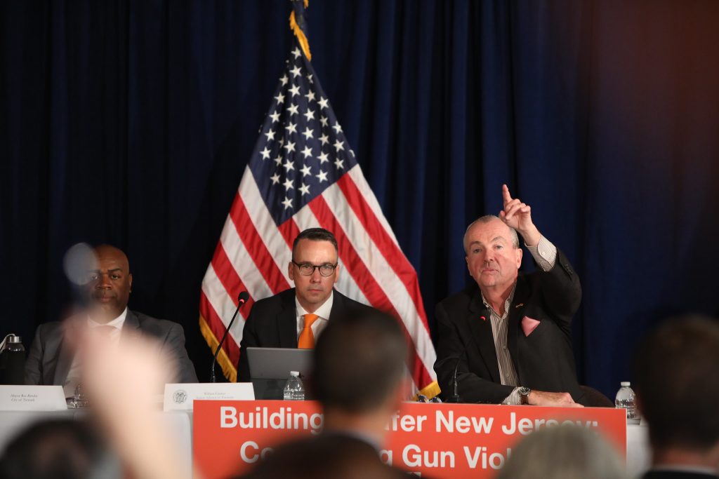 Governor Murphy, Lt Gov Oliver, and urban mayors discuss gun violence prevention on May 28, 2019 in Trenton. Edwin J. Torres/ GovernorÕs Office. New Jersey Governor Phil Murphy, Lt. Gov. Sheila Oliver, and mayors from across the state discuss gun violence prevention on May 28, 2019 in Trenton. (Edwin J. Torres/ Governor's Office)