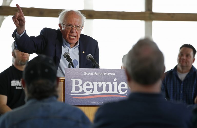 U.S. Democratic Presidential candidate Bernie Sanders speaks at a campaign event in Osage, Iowa, May 5, 2019. (Jim Young/Sipa USA(Sipa via AP Images)