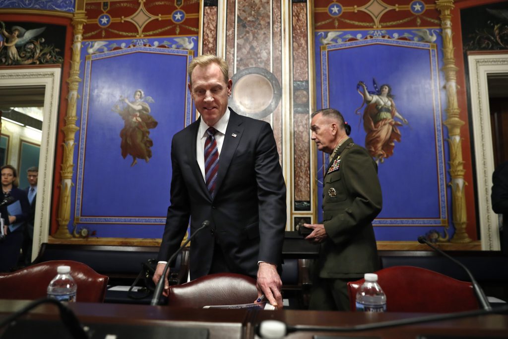 Patrick Shanahan, Joseph Dunford Acting Defense Secretary Patrick Shanahan, (left), and Joint Chiefs Chairman Gen. Joseph Dunford, arrive to testify at a Senate Appropriations subcommittee hearing on the defense budget, Wednesday May 8, 2019, on Capitol Hill in Washington. (Jacquelyn Martin/AP Photo)