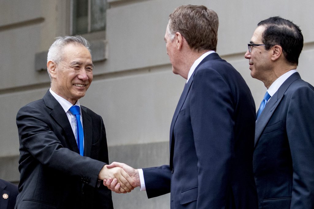 Steve Mnuchin, Robert Lighthizer, Liu He Treasury Secretary Steve Mnuchin, (right), and United States Trade Representative Robert Lighthizer, (center), greet Chinese Vice Premier Liu He as he arrives at the Office of the United States Trade Representative in Washington, Friday, May 10, 2019 for trade talks between the United States and China. (Andrew Harnik/AP Photo)
