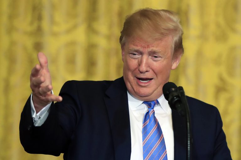 President Donald Trump speaks during a celebration of military mothers with first lady Melania Trump in the East Room of the White House in Washington, Friday, May 10, 2019. (Manuel Balce Ceneta/AP Photo)