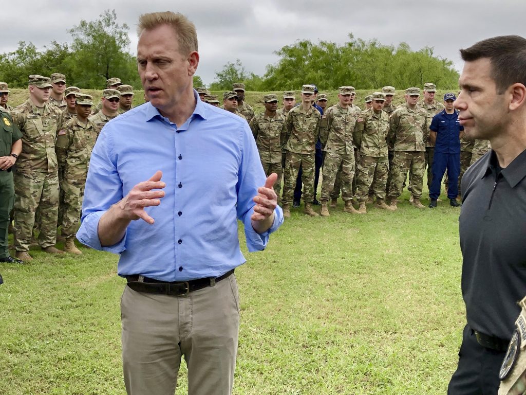 Patrick Shanahan Acting Defense Secretary Patrick Shanahan, (left), speaks with troops near McAllen, Texas, about the military’s role in support of the Department of Homeland Security’s effort to secure the Southwest border. At right is Kevin McAleenan, acting DHS secretary. (Robert Burns/AP Photo)