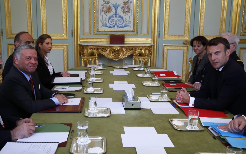 France Fighting Online Extremism French President Emmanuel Macron, (right), talks with Jordan's King Abdullah, (left), at the Elysee Palace, Wednesday, May 15, 2019 in Paris. Several world leaders and tech bosses are meeting in Paris to find ways to stop acts of violent extremism from being shown online. (Francois Mori/AP Photo, Pool)