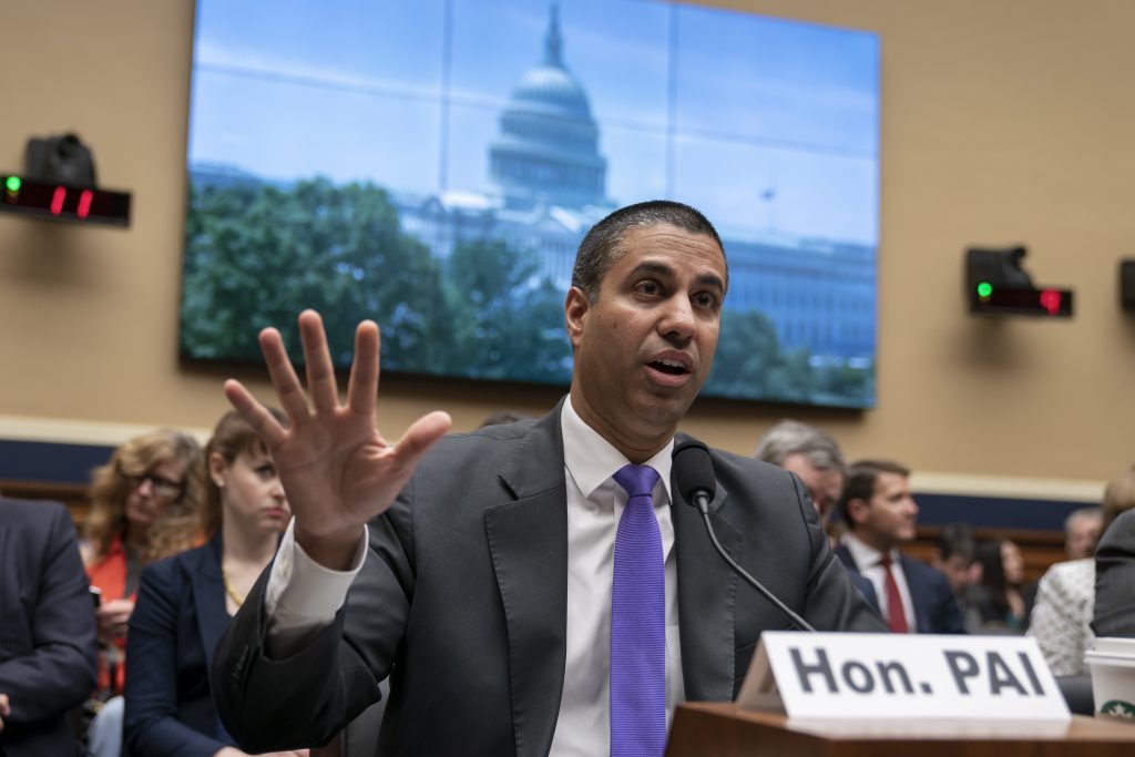Ajit Pai, chairman of the Federal Communications Commission, testifies as the House Energy and Commerce Committee holds an oversight hearing of the FCC, on Capitol Hill in Washington, Wednesday, May 15, 2019.  (J. Scott Applewhite/AP Photo)