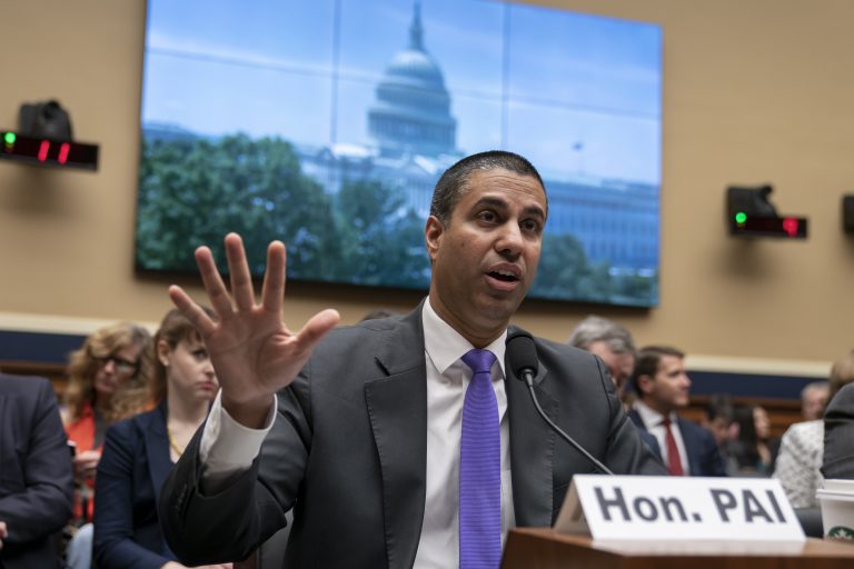 Ajit Pai, chairman of the Federal Communications Commission, testifies as the House Energy and Commerce Committee holds an oversight hearing of the FCC, on Capitol Hill in Washington, Wednesday, May 15, 2019.  (J. Scott Applewhite/AP Photo)