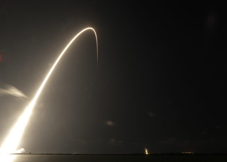 A Falcon 9 SpaceX rocket, with a payload of 60 satellites for SpaceX's Starlink broadband network, lifts off from Space Launch Complex 40 during a time exposure at the Cape Canaveral Air Force Station in Cape Canaveral, Fla., Thursday, May 23, 2019. (John Raoux/AP Photo)