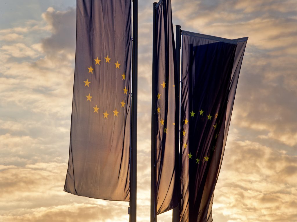 APTOPIX Germany European Elections European flags blow in front of the European Central Bank as the sun rises in Frankfurt, Germany, Sunday, May 26, 2019. (Michael Probst/AP Photo)