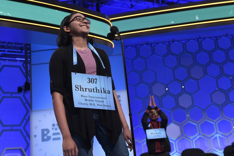 Shruthika Padhy, 13, of Cherry Hill, N.J., reacts after realizing she is one of eight co-champions of the 2019 Scripps National Spelling Bee in Oxon Hill, Md., Friday, May 31, 2019. (Susan Walsh/AP Photo)