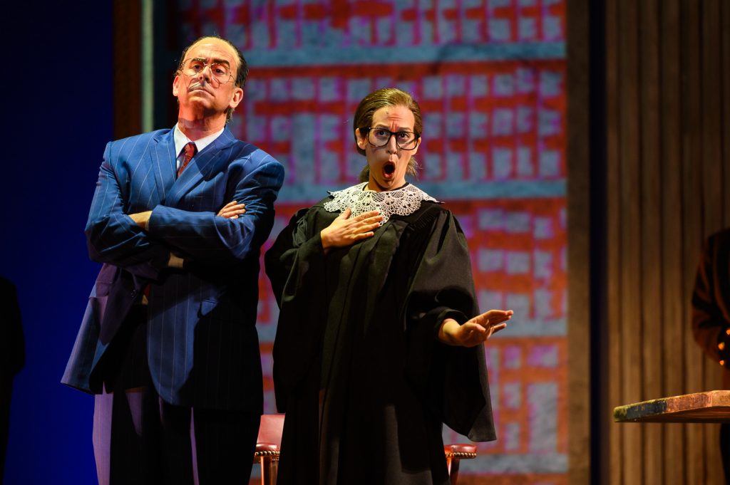 DSC_6207 Soprano Jennifer Zetlan stars as Supreme Court Justice Ruth Bader Ginsburg alongside her high court frenemy Antonin Scalia played by tenor Brian Cheney in OperaDelaware’s presentation of “Scalia/Ginsburg.” (Joe del Tufo/Moonloop Photography)