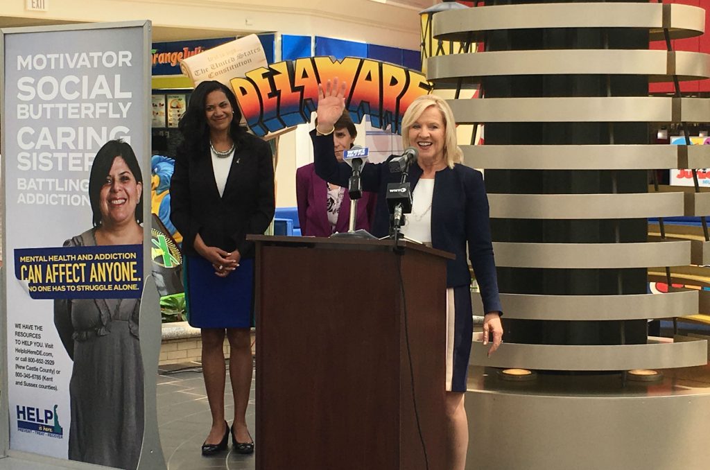 Hall Long Lt. Gov. Bethany Hall-Long unveils a new ad campaign designed to reduce the stigma faced by those struggling with addiction during a press conference at the Christiana Mall. (Mark Eichmann/WHYY)