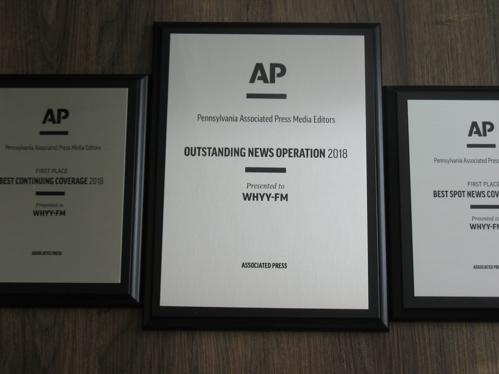 WHYY received citations for Outstanding News Operation, Best Continuing Coverage, and Best Spot News Coverage, winning the media editors’ Joe Snyder Award for Outstanding News Service. (WHYY)