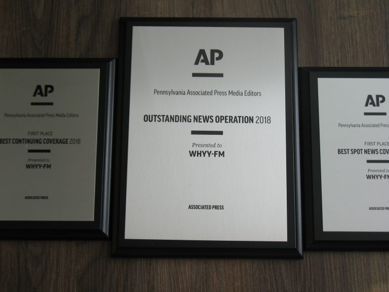 WHYY received citations for Outstanding News Operation, Best Continuing Coverage, and Best Spot News Coverage, winning the media editors’ Joe Snyder Award for Outstanding News Service. (WHYY)