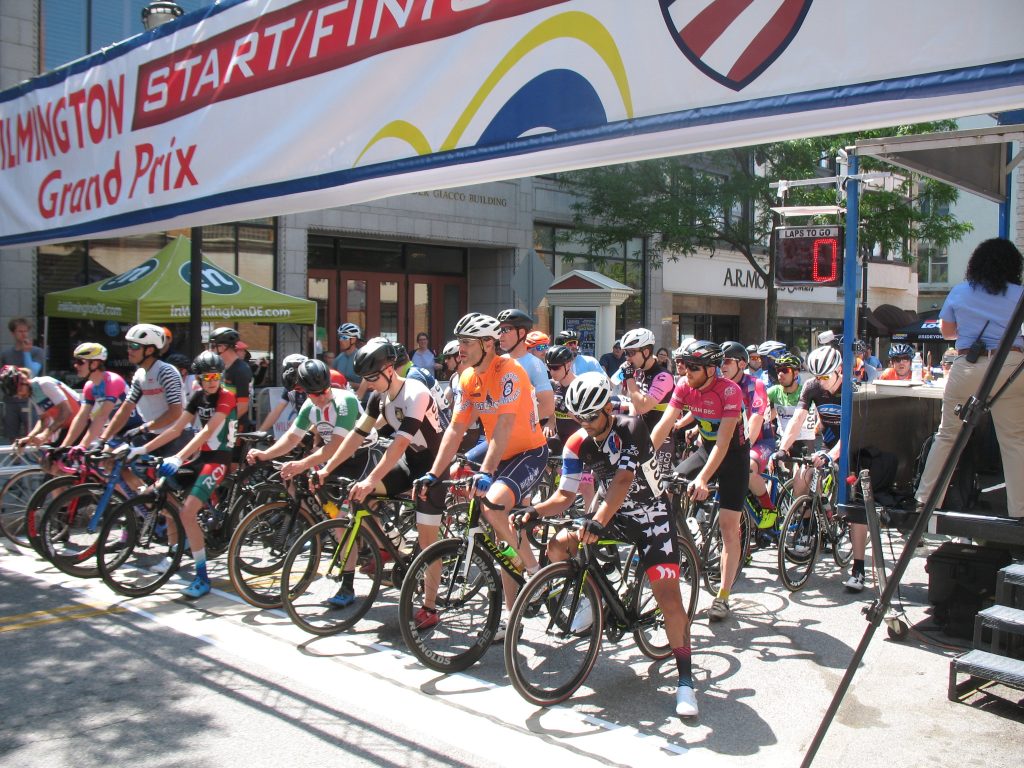 Cyclists at the starting line during the Wilmington Grand Prix on Saturday (John Mussoni/WHYY)