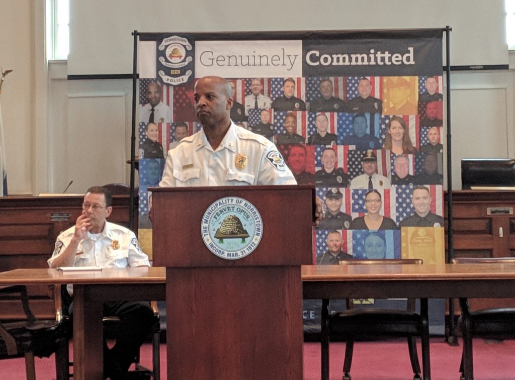 IMG_20190512_162333 Norristown Police Chief Mark Talbot addressed 50 community members Sunday after a melee between about 50 to 100 minors and police officers at a church fair the night before. Video of the incident shows one officer putting a young girl in a chokehold. (Katie Colaneri/WHYY)