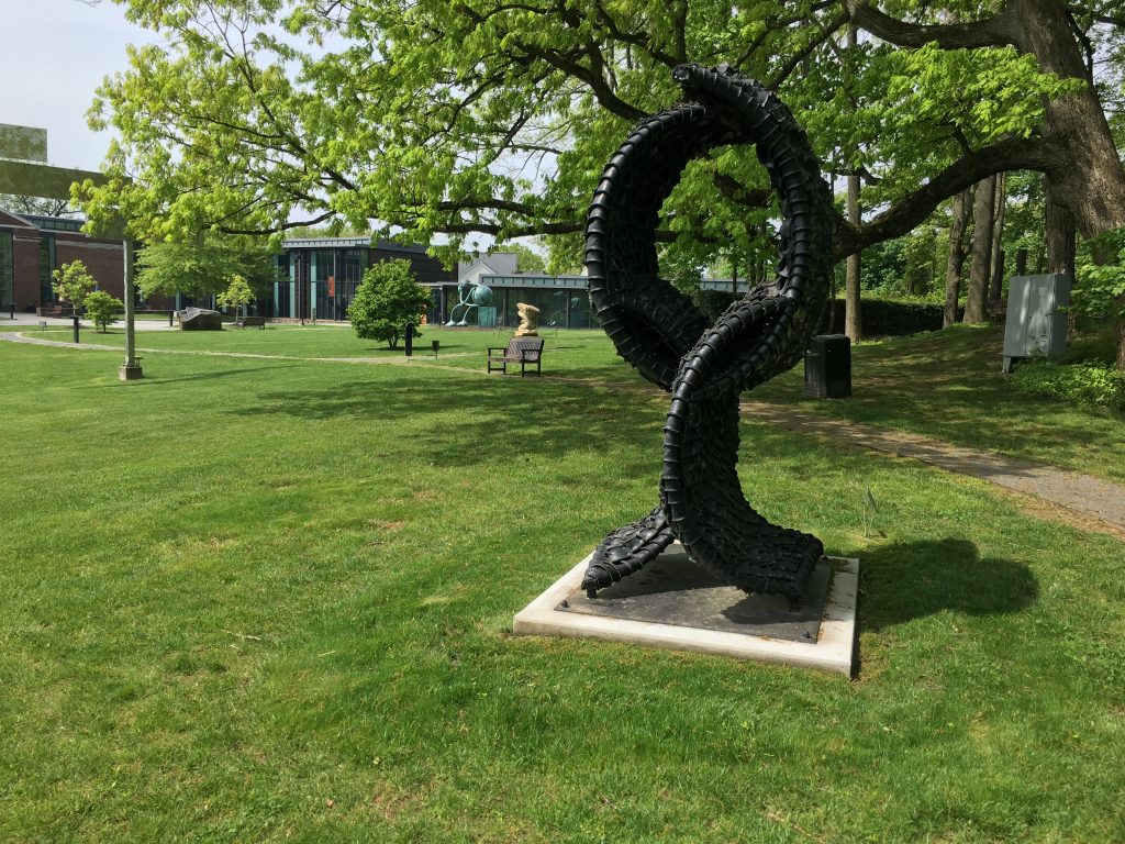 IMG_3626 The sculpture “One Way” by Chakaia Booker is the first work by an African American artist to be installed at the Delaware Art Museum’s outdoor Copeland Sculpture Garden. (Mark Eichmann/WHYY)