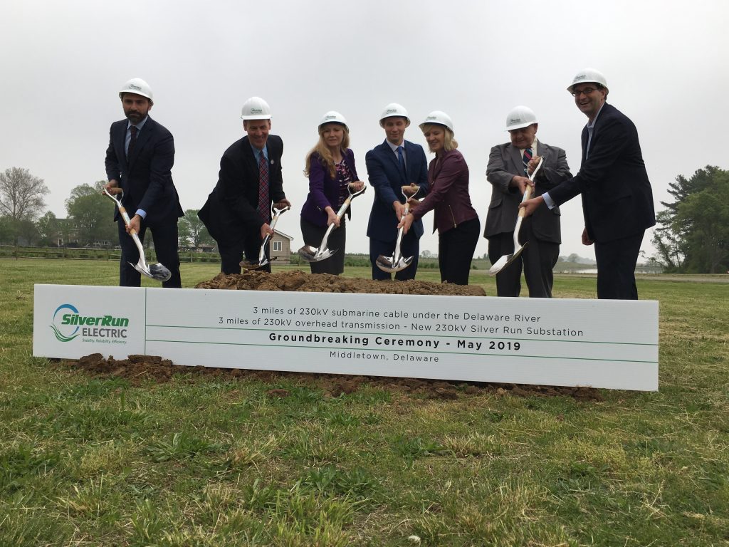 Elected officials help LS Power break ground on a project to install a 230-kilovolt power line underneath the Delaware River between Salem, New Jersey and an area just south of Port Penn, Delaware. (Mark Eichmann/WHYY)