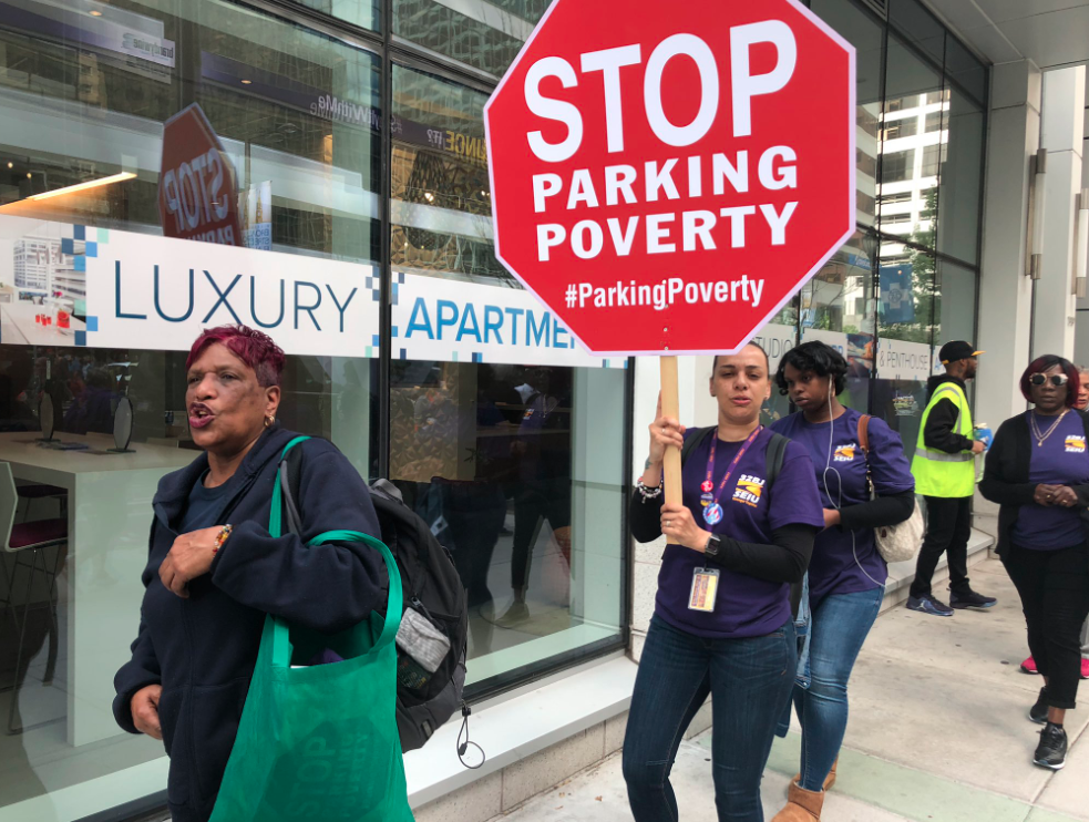 Screen Shot 2019-05-06 at 6.09.42 PM 32BJ SEIU members demonstrate at a residential parking garage in Center City. (Courtesy of 32BJ SEIU)