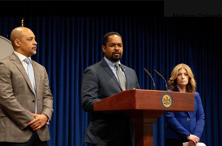 State Sen. Sharif Street, (center), along with Sen. Katie Muth and Rep. Chris Rabb shown speaking in Harrisburg on the death penalty. The three lawmakers are introducing legislation in their respective chambers to repeal the penalty. (Office of Shariff Street)