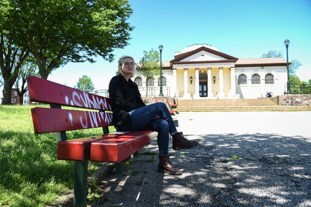 Solutions-April-1-640×427 Chera Kowalski sits on a bench outside of McPherson Square Library on April 27, 2019. In 2017, when Kowalski was working as a librarian at McPherson, she convinced the Free Library of Philadelphia to offer overdose reversal training to employees. (Erin Blewett/Kensington Voice)