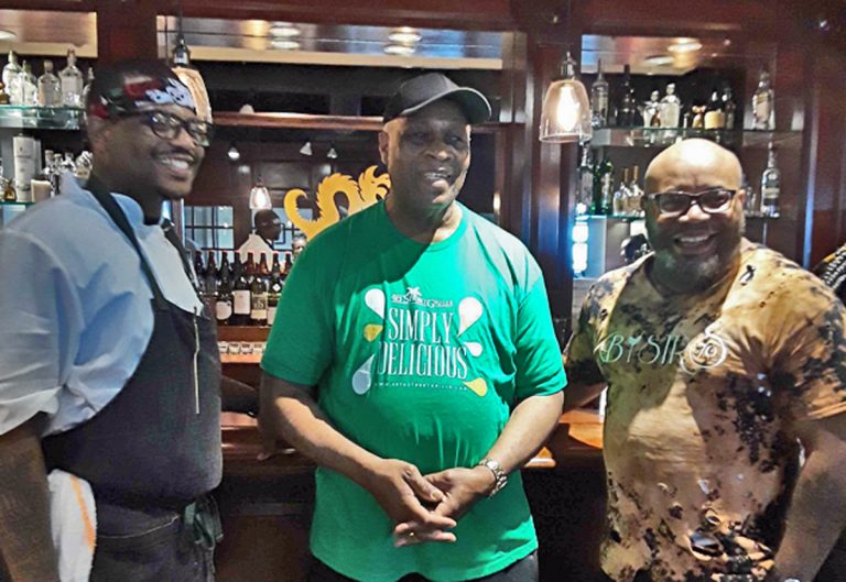 From left, Chefs Elijah Milligan, Carl Lewis, and Yusef McCoy at the Black Restaurant Week 2019 preview event held at Drexel University's Academic Bistro on May 20. (TrenaeNuri/WHYY) 