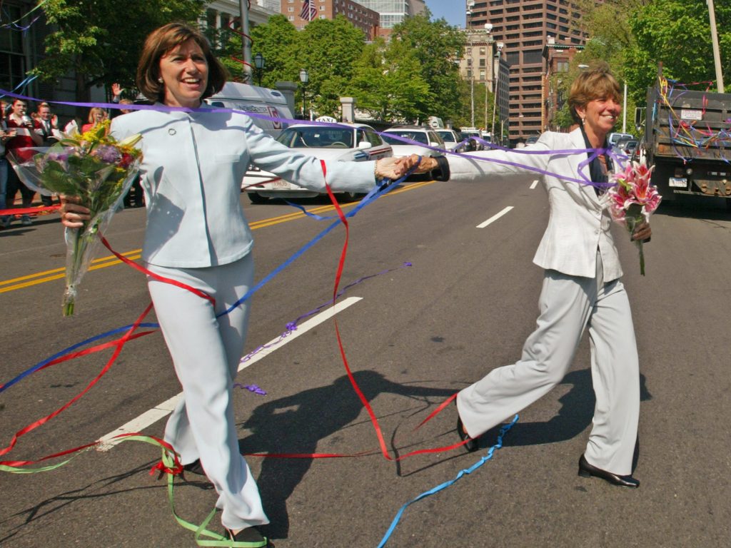 Julie Goodridge (left) and Hillary Goodridge were the face of the movement to legalize same-sex marriage in Massachusetts. They got married on May 17, 2004, just hours after that state became the first in America to allow same-sex marriage. Julie Goodridge (left) and Hillary Goodridge were the face of the movement to legalize same-sex marriage in Massachusetts. They got married on May 17, 2004, just hours after that state became the first in America to allow same-sex marriage. (Winslow Townson/AP)