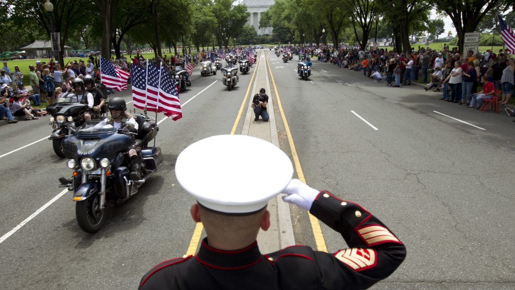U.S. Marine Tim Chambers salutes to participants in last year’s Rolling Thunder motorcycle demonstration. U.S. Marine Tim Chambers salutes to participants in last year's Rolling Thunder motorcycle demonstration. (Jose Luis Magana/AP)