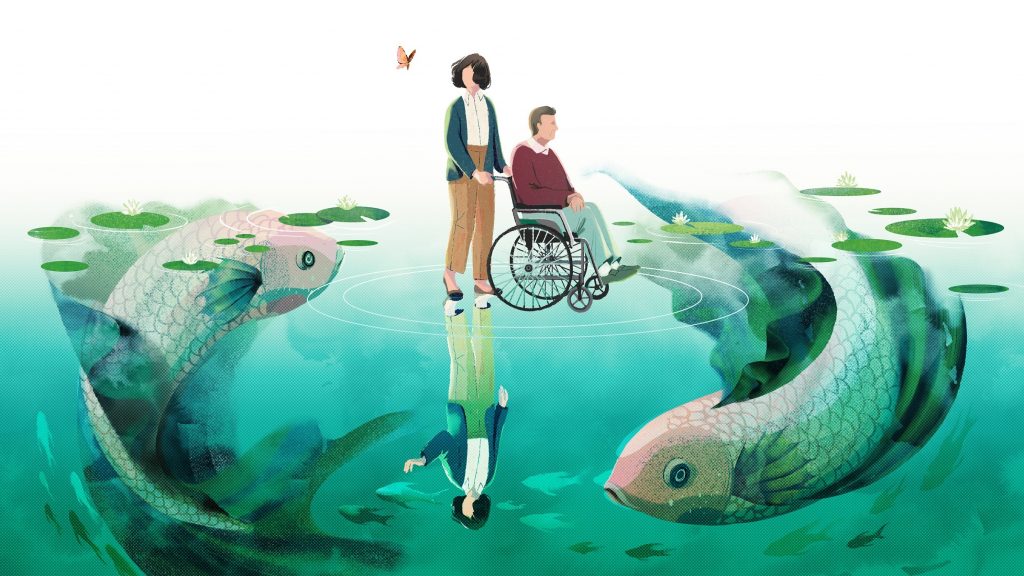 Stressed-out family caregivers who were taught how to reframe negative thoughts and focus on positive experiences actually reduced their anxiety and depression, a study found. (Cornelia Li for NPR)
