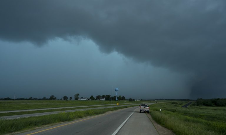 Rain obscures the view of a tornado on May 28 in Lawrence, Kan. (Kyle Rivas/Getty Images)