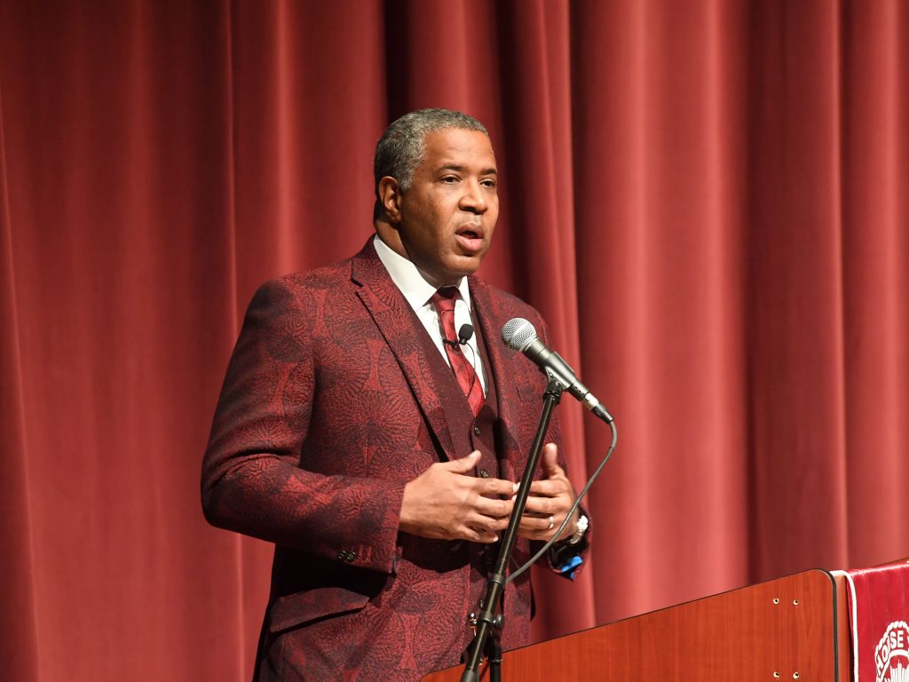 Robert F. Smith, founder, chairman and CEO of Vista Equity Partners, speaks at Morehouse College on Feb. 17, 2018 in Atlanta. Smith announced on Sunday he will pay off the student debt of the college's entire 2019 graduating class. (Getty Images)