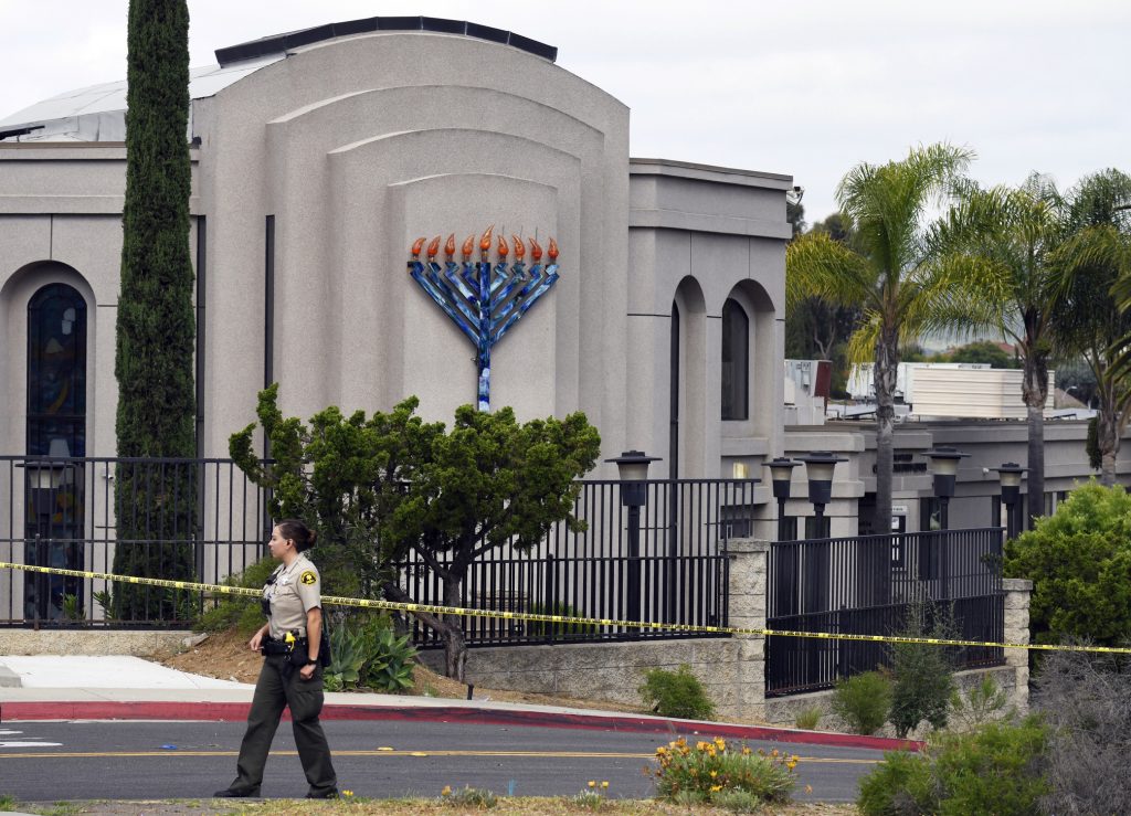 The Poway Chabad Synagogue in Poway, Ca., was attacked last month when a gunman fired at Passover worshippers. The FBI says it is currently investigating 850 cases of domestic terrorism. The Poway Chabad Synagogue in Poway, Ca., was attacked last month when a gunman fired at Passover worshippers. The FBI says it is currently investigating 850 cases of domestic terrorism. (Denis Poroy/AP)