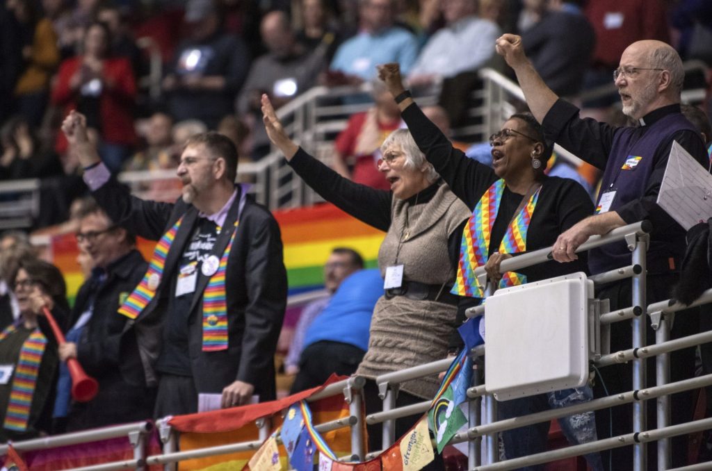 united_methodist_protest-1920×1272 Protestors chant during the United Methodist Church's special session of the general conference in St. Louis, Tuesday, Feb. 26, 2019. America's second-largest Protestant denomination faces a likely fracture as delegates at the crucial meeting move to strengthen bans on same-sex marriage and ordination of LGBT clergy.
(Sid Hastings/AP Photo)