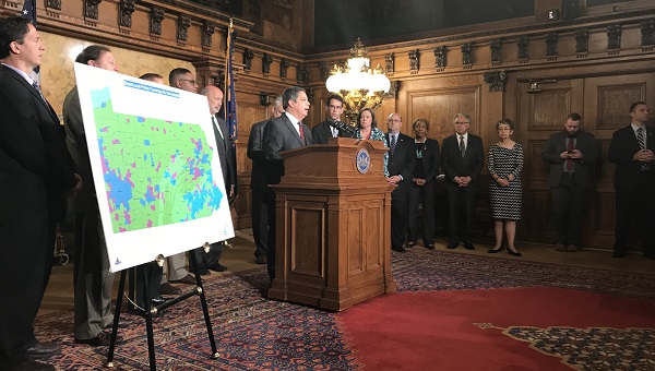 Senate Minority Leader Jay Costa, who is sponsoring his chamber's version of the police fee bill, speaks at a press conference on the issue. (Katie Meyer/WITF)