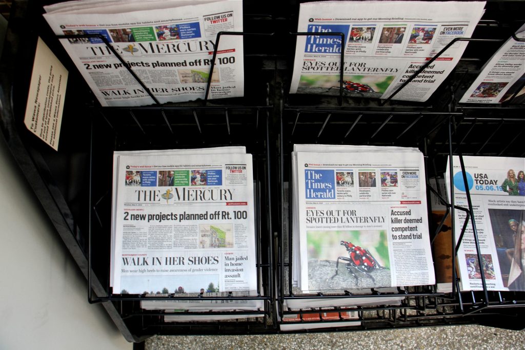 2019 05 06-e lee-pottstown-local news The Pottstown Mercury and the Times Herald of Norristown, both owned by Alden Global Capital, often publish the same stories by the same reporters. On a recent Monday, Evan Brandt had front page stories in both papers. (Emma Lee/WHYY)