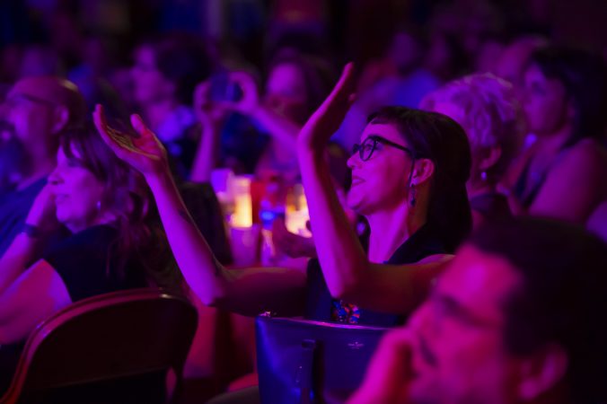 Lulu Lollipop who performed at the Troc in the past, applauds Lee Ann Etzold’s satire of Mr. Rogers. (Jonathan Wilson for WHYY)